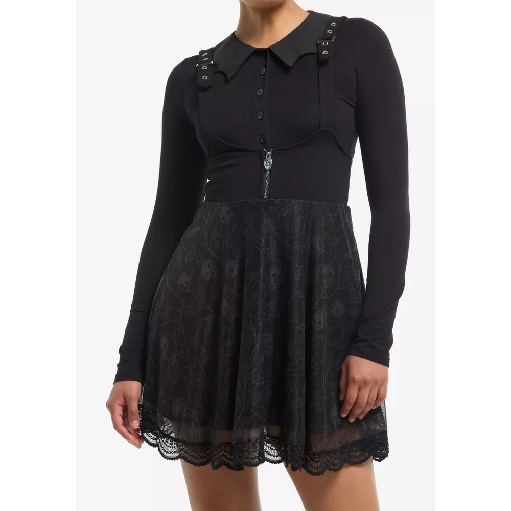 NEW Hot Topic Skull Vine Skirtall Buckle Dress M Black Mesh Lace Trim Suspender